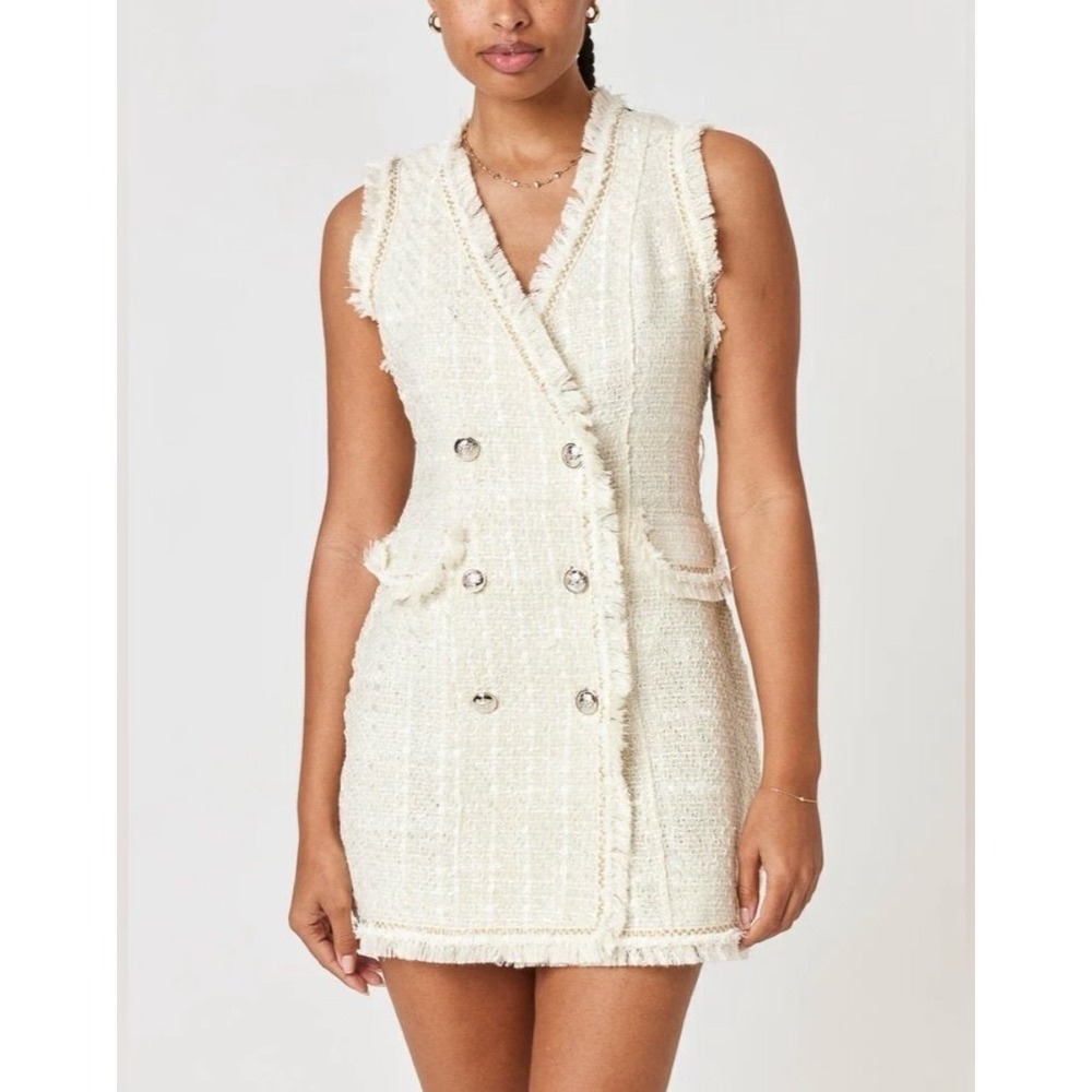 Trixxi Tweed Dress Sleeveless Blazer Mini‎ Frayed Trim Party Ivory Size Large
